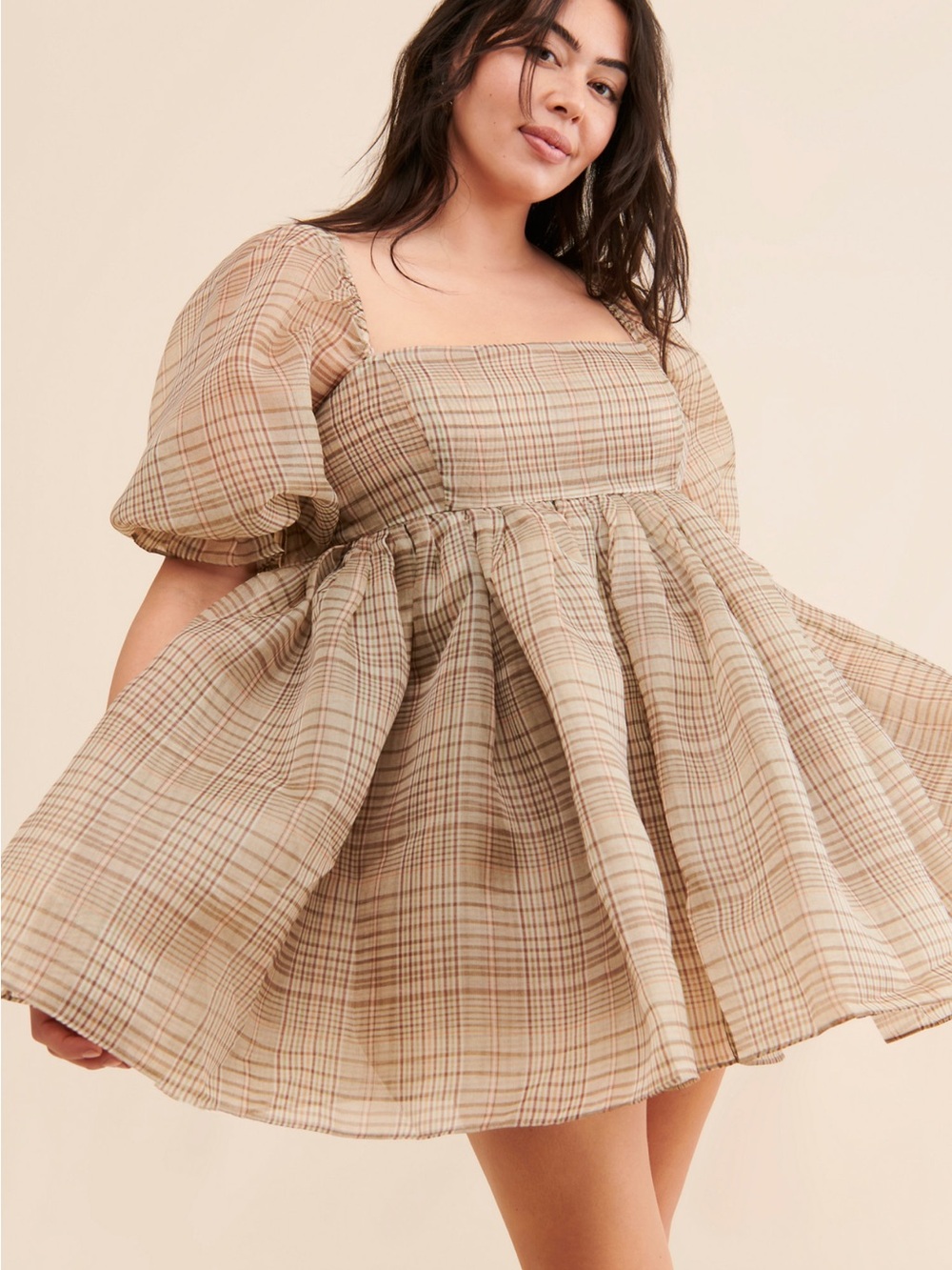 The Plaid Puff Sleeve Square Neck Mini Dress in Beige